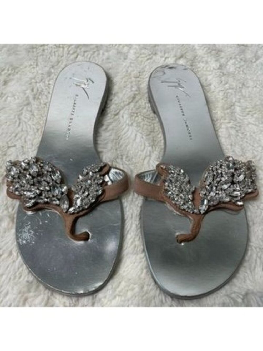 Giuseppe Zanotti Crystal Cruel Wing Flat Thong Sandals Silver Leather Size 36
